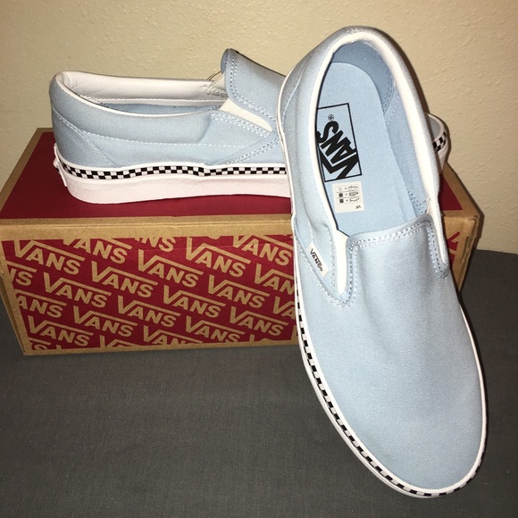 light blue slip on vans with checkered foxing